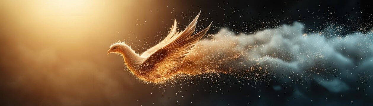 Artistic rendition of a phoenix rising from ashes, symbolizing rebirth and continuous development, metamorphosis, rebirth process
