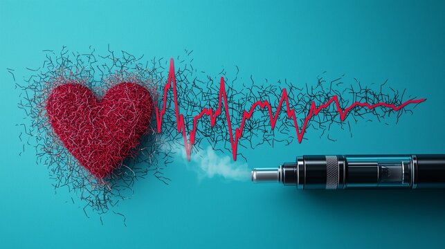 A heart monitor showing erratic beats, with an e-cigarette causing the disruption, symbolizing heart damage