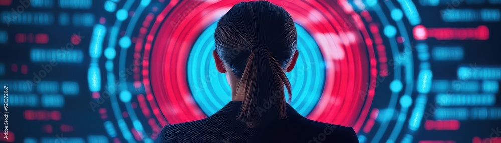 Poster a professional observing vibrant digital data visualizations, immersed in technology and innovation.