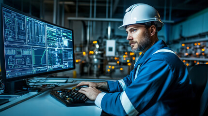 Logistician analyzing data on a computer in a control room