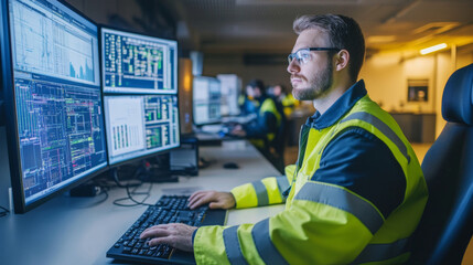 Logistician analyzing data on a computer in a control room