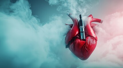 A heart under stress, with an e-cigarette emitting toxic fumes, representing the cardiovascular risks