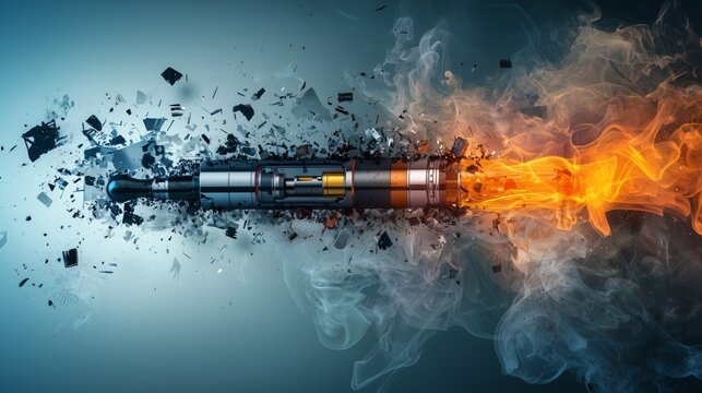 An exploded view of an e-cigarette, revealing hidden dangers like propylene glycol and formaldehyde with a clear warning overlay