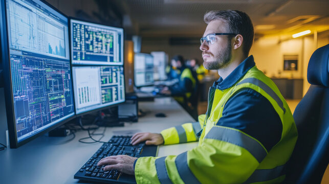 Logistician analyzing data on a computer in a control room