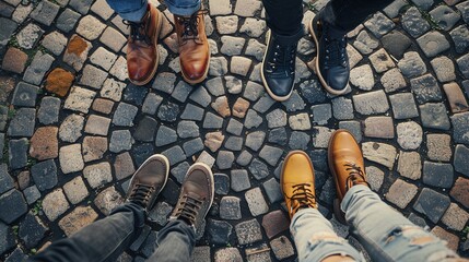 A close-up of diverse feet wearing different types of cultural footwear, standing together on a cobblestone street, representing a journey of unity.