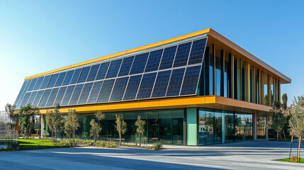 Modern building with integrated solar panels on its facade