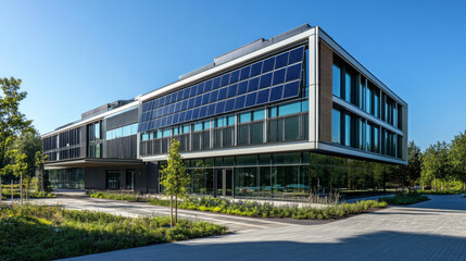 Modern building with integrated solar panels on its facade