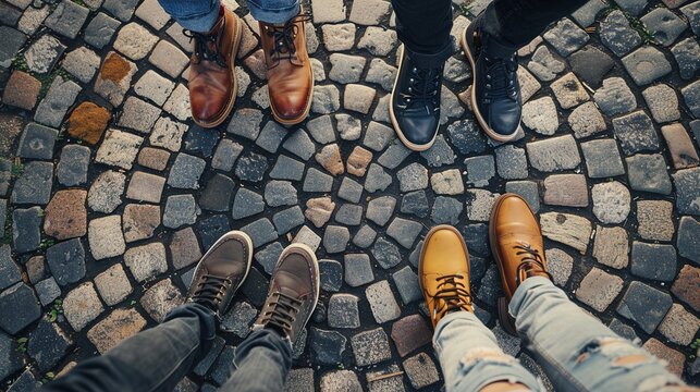 A close-up of diverse feet wearing different types of cultural footwear, standing together on a cobblestone street, representing a journey of unity.