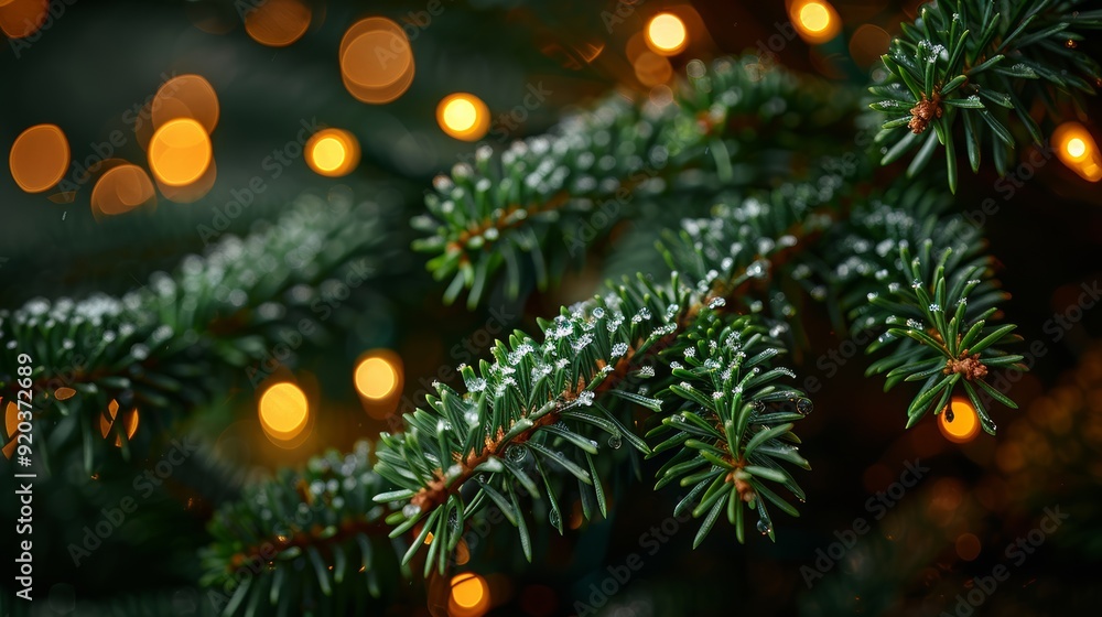 Poster pine tree branches covered in snow with warm lights in the background during winter