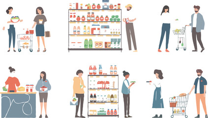 Set of different customers in a grocery store. People make purchases of food and drinks Vector flat illustrations on a white background