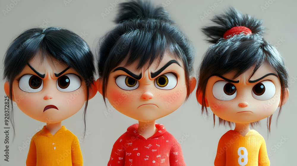 Poster three animated characters with angry expressions, showcasing emotions and personality.
