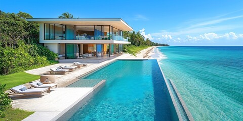 Breathtaking Beachfront Villa with Panoramic Ocean Views and Sunny Skies, generative ai