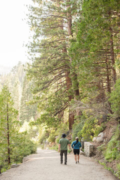 Couple walking down a path outdoors in the woods