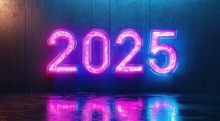 2025 New year, written in glowing blue and purple neon letters on the background of reflective glass, creating an atmosphere of modernity and energy. The numbers glow with vibrant colors that create a