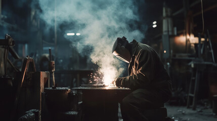 Professional welder in a workshop with metal structures around