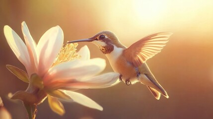 Obraz premium Hummingbird in Flight, Feeding on a Flower