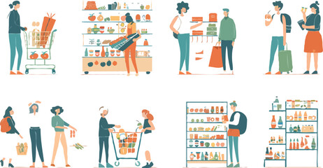 Set of different customers in a grocery store. People make purchases of food and drinks Vector flat illustrations on a white background