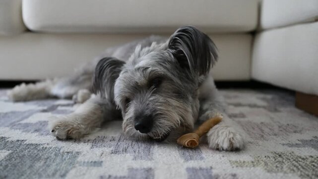 Cute fluffy dog gnaws a bone while holding it with its paws
