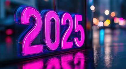 The numbers "2025" made of glass, in the futuristic style, with a glowing neon light purple background, reflection, high resolution, high detail, HDR, high quality, clean sharp focus