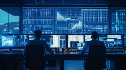 Renewable energy grid control room with engineers monitoring