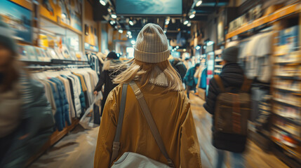 Obraz premium woman with a backpack shopping for clothes black friday discounts
