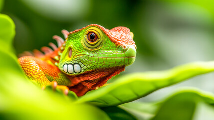 Fototapeta premium Green Iguana Portrait: A vibrant green iguana with a striking red dewlap peeks out from behind lush green foliage. Its curious gaze and intricate scales invite you to explore the wonders of the natur