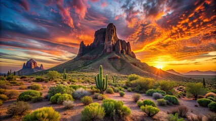 Fototapeta premium Dramatic sunset illuminates the rugged landscape of Picacho Peak State Recreation Area in Arizona, featuring a prominent rock formation amidst desert flora and vast sky.