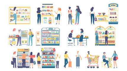 Set of different customers in a grocery store. People make purchases of food and drinks Vector flat illustrations on a white background