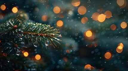 A pine branch glistens with raindrops as warm lights illuminate the background during a snowy evening