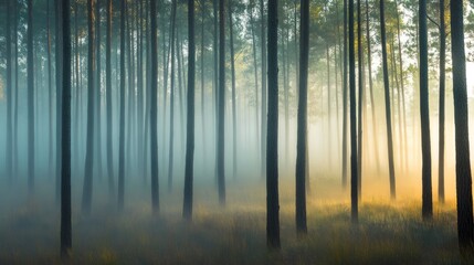 Misty Forest with Sunlight Filtering Through the Trees