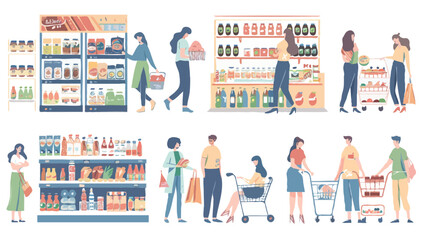 Set of different customers in a grocery store. People make purchases of food and drinks Vector flat illustrations on a white background