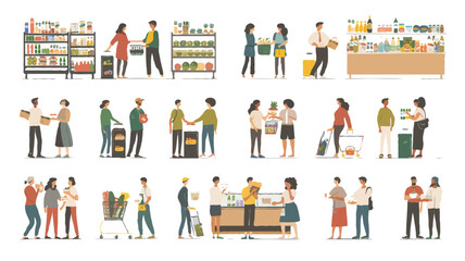 Set of different customers in a grocery store. People make purchases of food and drinks Vector flat illustrations on a white background