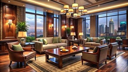 Elegant hotel lobby with plush seating, rich wood accents, and a warm ambiance, featuring a freshly brewed coffee and a scenic cityscape backdrop.