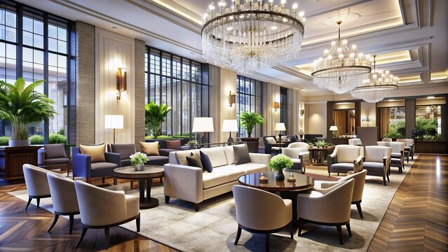 Elegant hotel lobby with comfortable seating area and modern chandelier, adjacent to a upscale restaurant with white linen tables and fine dining ambiance.