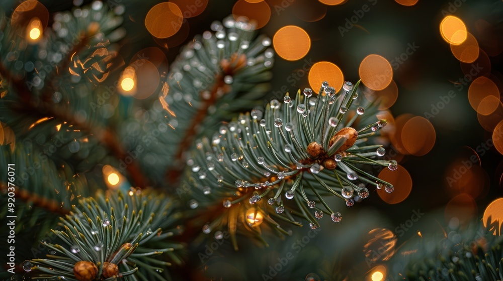 Poster close-up of evergreen tree branch with water droplets illuminated by soft bokeh lights during winter