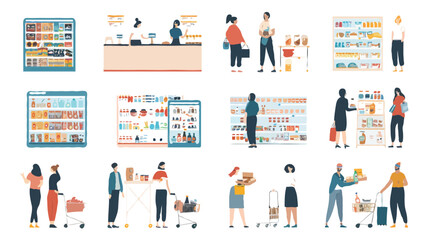 Set of different customers in a grocery store. People make purchases of food and drinks Vector flat illustrations on a white background