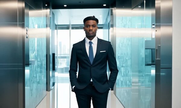 Motivated businessperson, corporate lobby, challenges, brisk walk, professional confidence