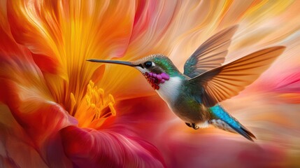 Fototapeta premium Hummingbird in Flight with Abstract Flower Background