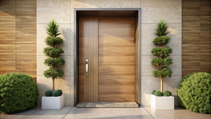 Elegant, modern customized front door with sleek metal handle and subtle wood grain pattern, set against a neutral beige exterior wall with lush greenery.