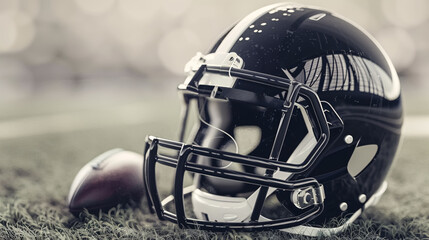 Fototapeta premium American football background with ball and black helmet 3D Rendering
