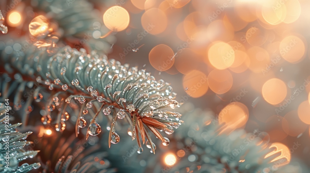 Poster close-up of frost-tipped pine needles with warm bokeh lights in a festive setting during winter
