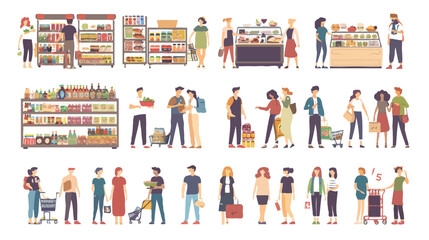 Set of different customers in a grocery store. People make purchases of food and drinks Vector flat illustrations on a white background