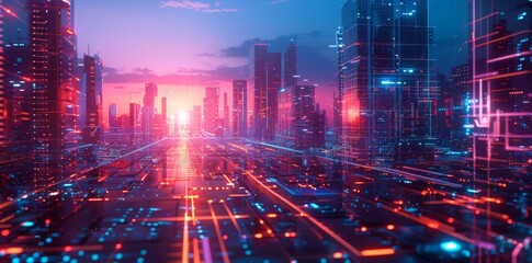 A futuristic abstract cityscape features neon lights and digital grid aesthetics, creating a vibrant and high-tech urban environment.