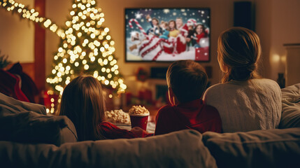 Fototapeta premium A family is watching a Christmas movie on a television in a living room