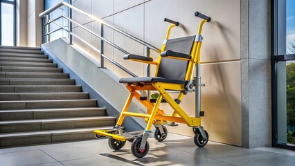 Emergency evacuation chair with sturdy wheels and ergonomic handles, designed for safe and easy transportation of individuals with mobility impairments down stairs.