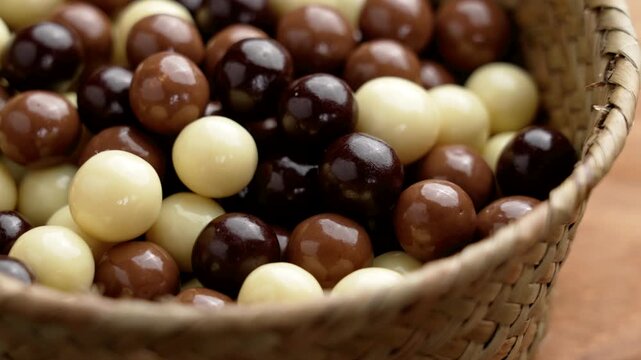 Various chocolate ball candies in rustic wicker bowl on brown board. Delicate treats. Rotation