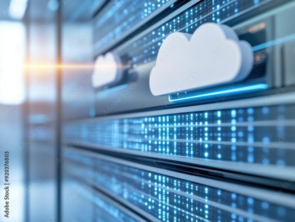Aufkleber modern cloud computing storage solution with data transfer illustration on server rack, showcasing t