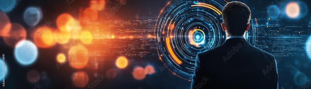 Poster a businessman analyzing futuristic data visualizations in a digital space, showcasing innovation and