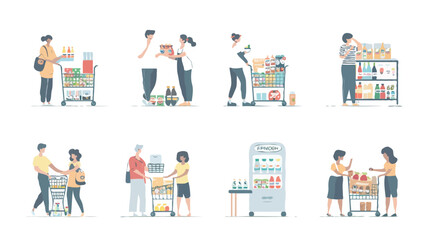 Set of different customers in a grocery store. People make purchases of food and drinks Vector flat illustrations on a white background