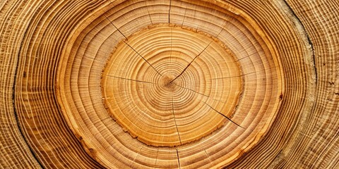 Fototapeta premium Macro view of a wooden cross-section, exhibiting intricate annual rings and natural textures, with a blank area for text or design, highlighting organic beauty.